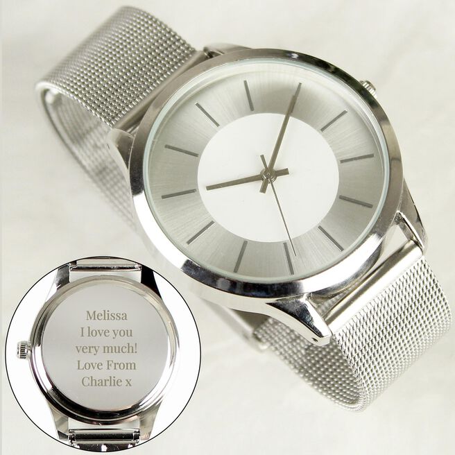 Personalised Silver Watch with Mesh Style Strap 