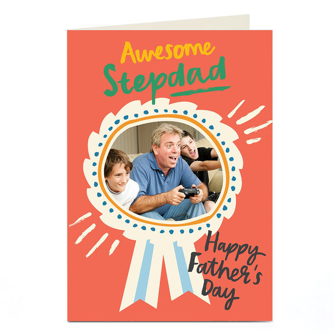 Photo Father's Day Card - Awesome Stepdad Rosette Medal