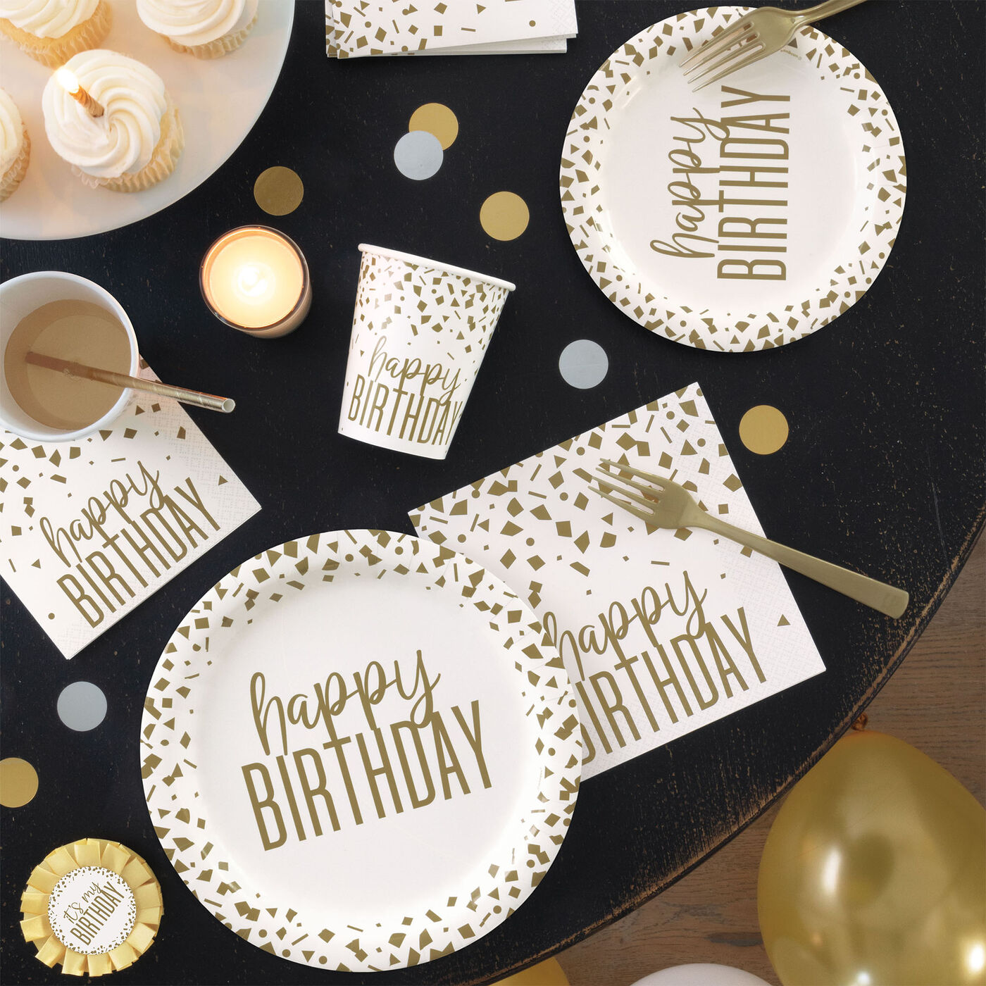 Buy Gold Confetti Birthday Party Tableware 16 Guests for GBP 12.99