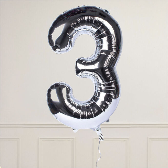 Silver Number 3 Giant Foil Helium Balloon INFLATED 