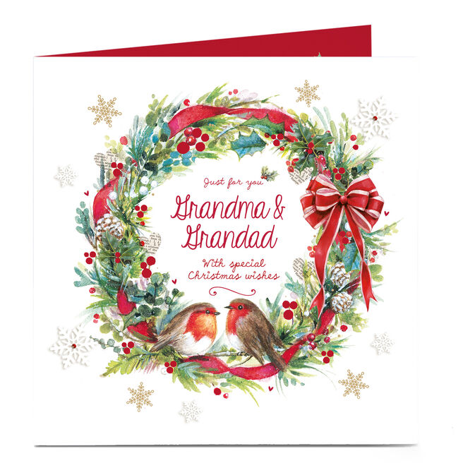 Personalised Christmas Card - Robin Wreath Grandma and Grandad