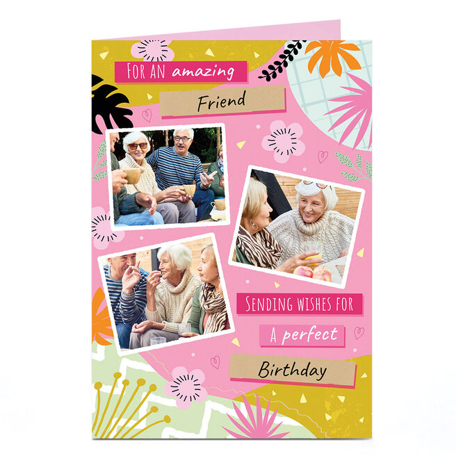 Personalised Birthday Photo Card - Friend Pink Botanical 