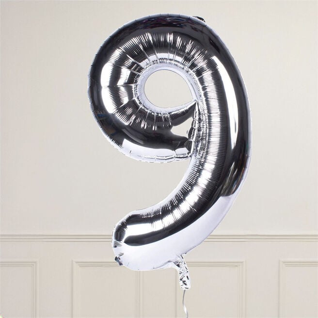 Silver Number 9 Giant Foil Helium Balloon INFLATED