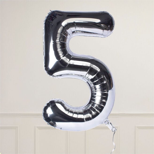 Silver Number 5 Giant Foil Helium Balloon INFLATED