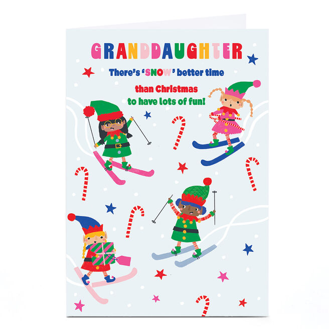 Personalised Christmas Card - Elves Skiing, Granddaughter