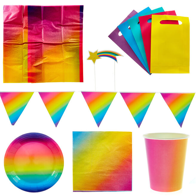 Rainbow Party Tableware & Decorations Bundle - 8 Guests