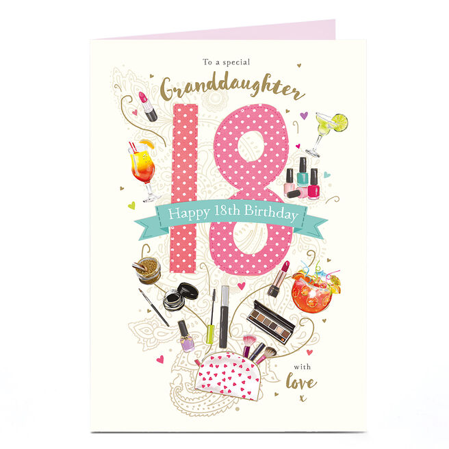 18th Birthday Card - Makeup and Cocktails, Granddaughter