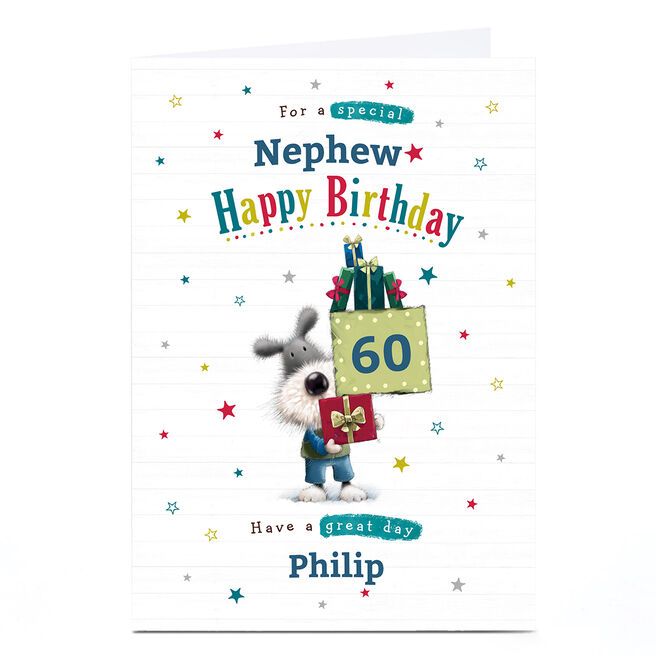 Personalised Birthday Card - Dog & Presents, Editable Age