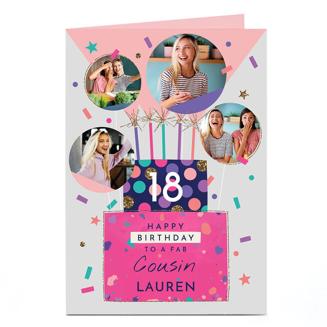 Photo Birthday Card - 4 Photos Cake & Sparkles, Editable Age