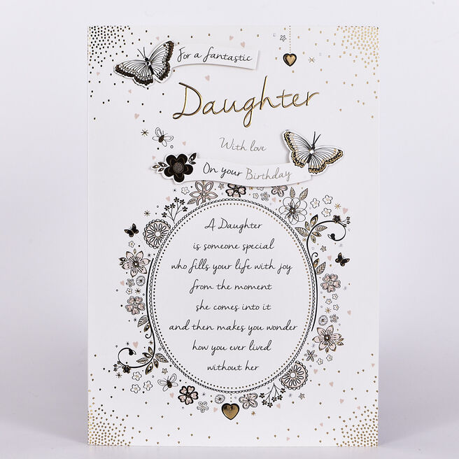 Birthday Card - Daughter, Black & Gold Butterflies
