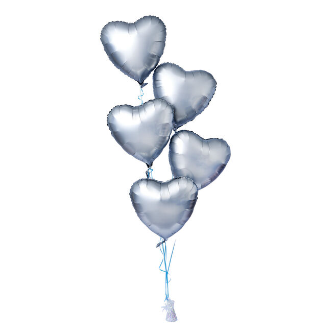 5 Satin Silver Hearts Balloon Bouquet - DELIVERED INFLATED!