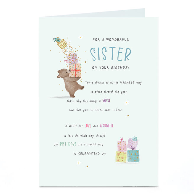 Birthday Card - Bear with Presents Poem, Sister
