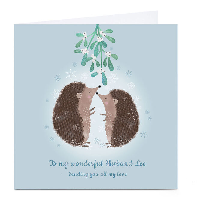 Personalised Kerry Spurling Christmas Card - Blue Hedgehogs & Mistletoe