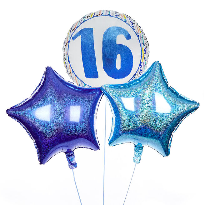 Blue Patterned 16th Birthday Balloon Bouquet - DELIVERED INFLATED!