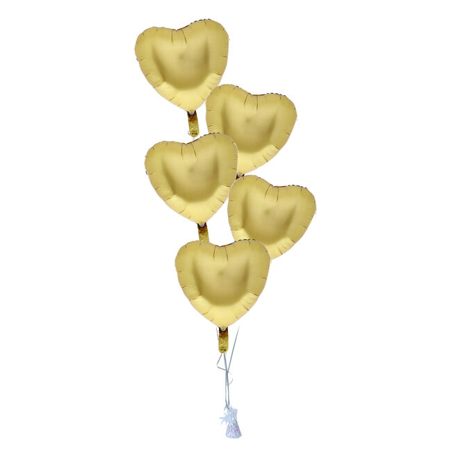 5 Satin Gold Hearts Balloon Bouquet - DELIVERED INFLATED! 