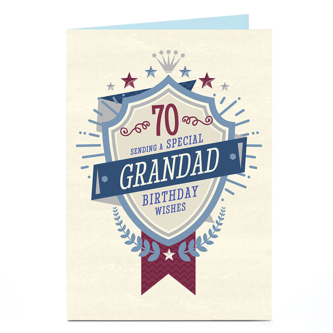 Personalised 70th Birthday Card - Special Wishes Shield, Editable Age