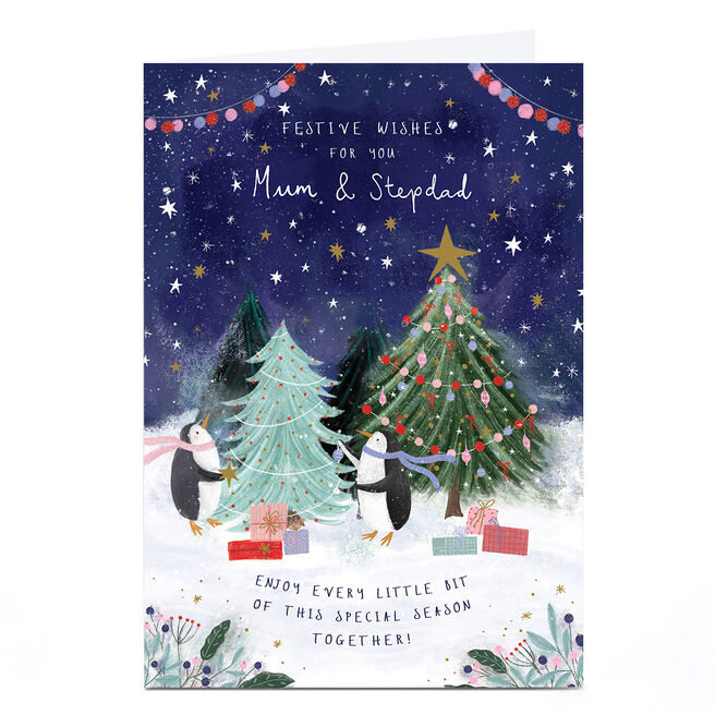 Christmas Card - Festive Wishes Penguins, Mum & Stepdad
