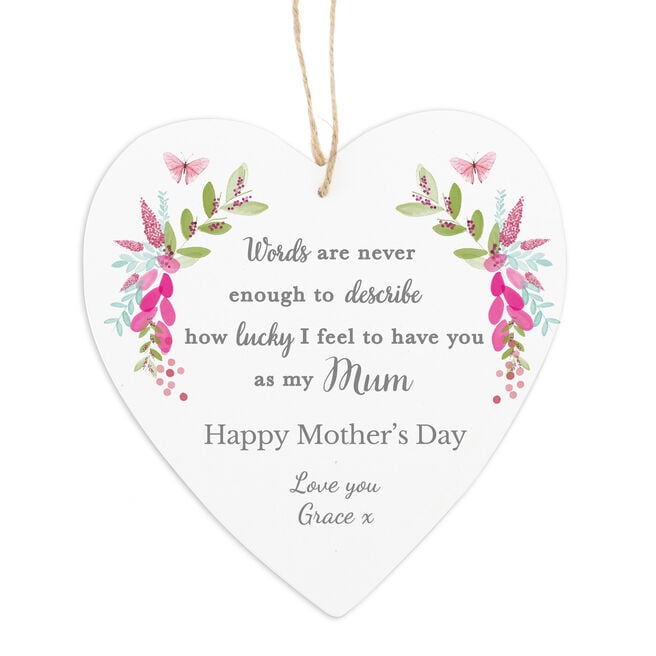 Personalised Floral Wooden Heart Plaque - Mum