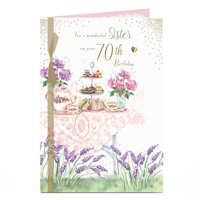 70th Birthday Card - Garden Tea Party, Sister 
