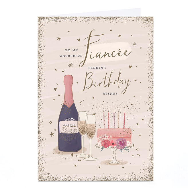 Personalised Birthday Card - Sparkle Champagne and Cake, Fiancee