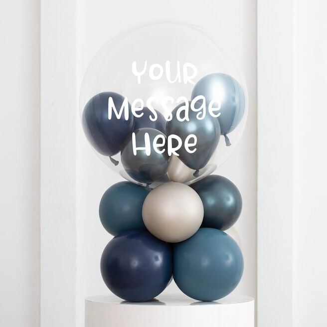 Personalised Blue Mini Filled Bubble Balloon Stack - Delivered Inflated!