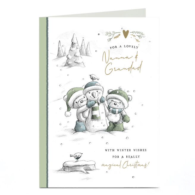 Hugs Christmas Card - Bears Building Snowman, Nanna & Grandad