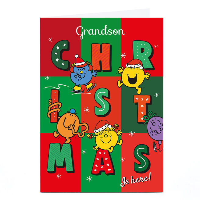 Personalised Mr Men & Little Miss Christmas Card - Christmas is here, Grandson