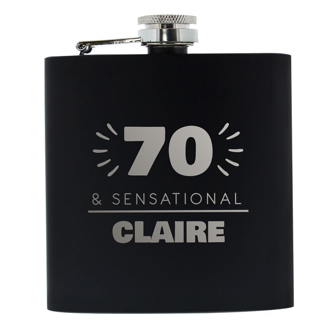 Personalised 70th Birthday Hip Flask - Black & Silver