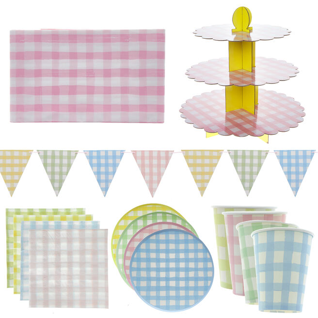 Gingham Picnic Party Tableware & Decorations Bundle - 8 Guests