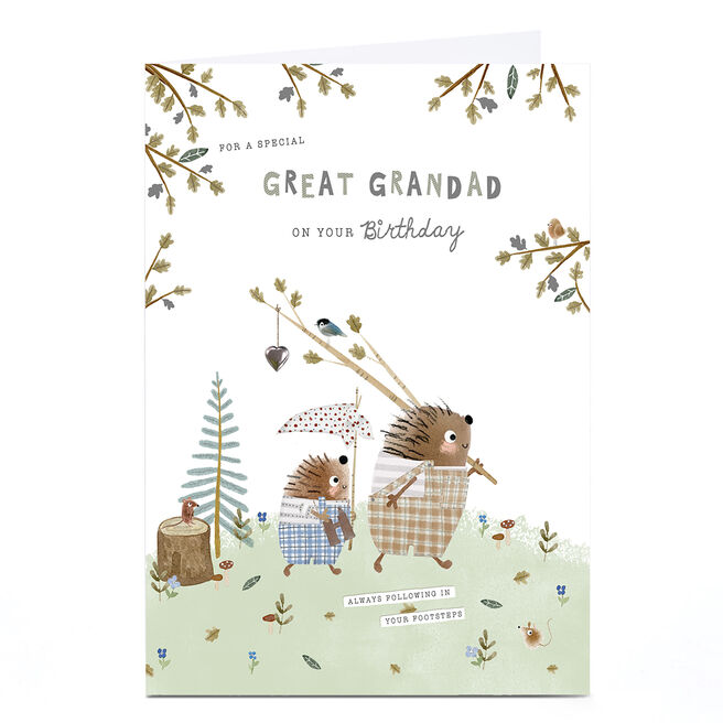 Personalised Birthday Card - Hedgehogs in Garden, Great Grandad