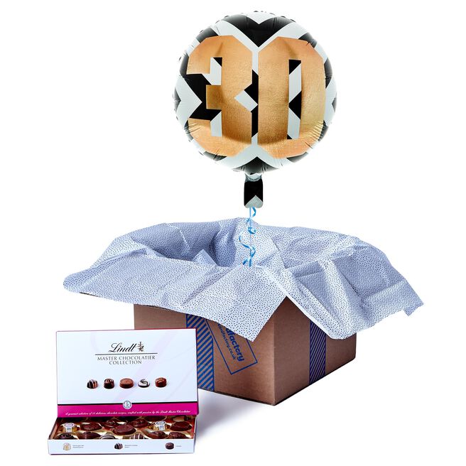 30th Black, White & Gold Balloon & Lindt Chocolate Box - FREE GIFT CARD!