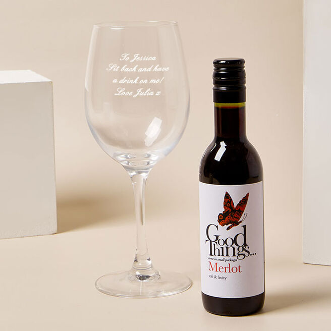 Personalised Wine Glass & Miniature Red Wine Gift Set - Message