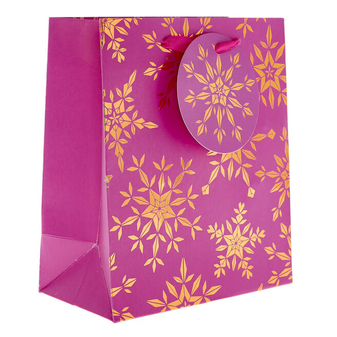 Small Portrait Pink & Bronze Snowflakes Christmas Gift Bag, Small Portrait Pink & Bronze Snowflakes Christmas Gift Bag