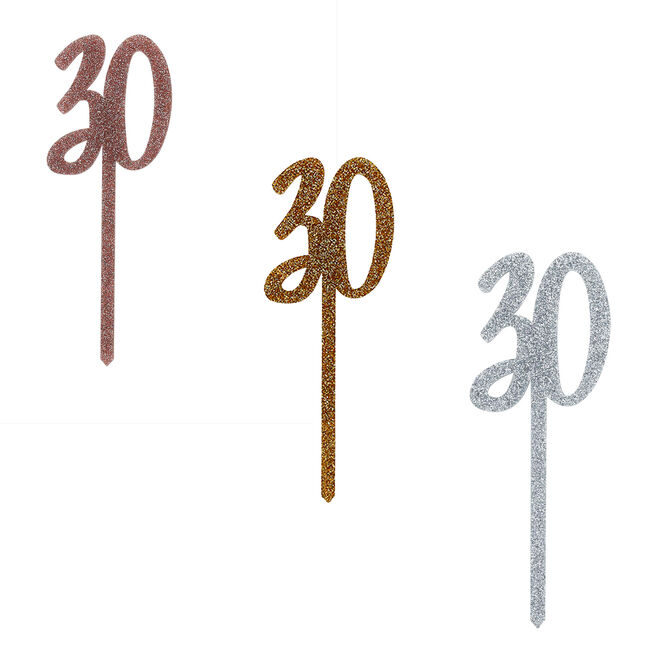 Metallic 30 Glitter Acrylic Cake Topper (3 Colour Options)
