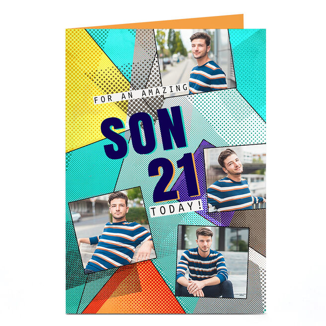 Photo Birthday Card - Pop Art Triangles Son, Editable Age