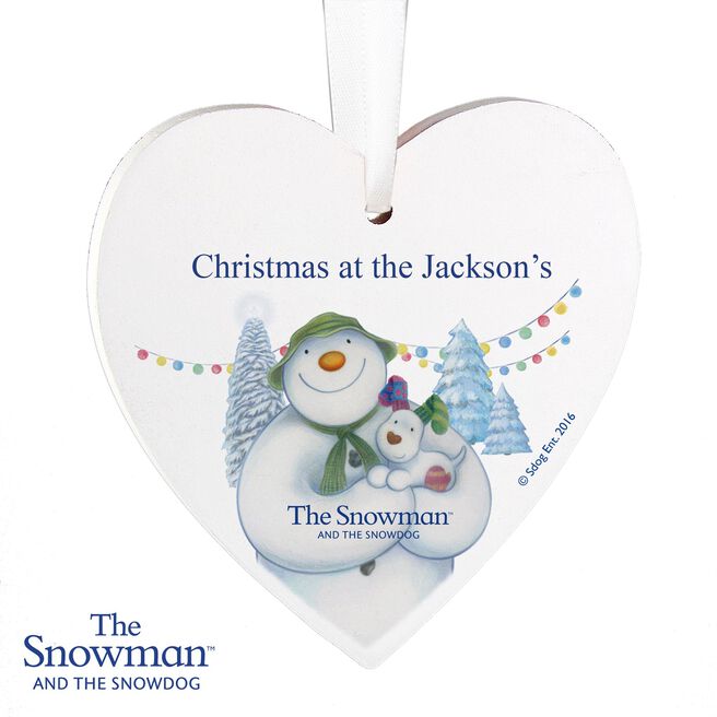 Personalised The Snowman & the Snowdog Wooden Heart Decoration