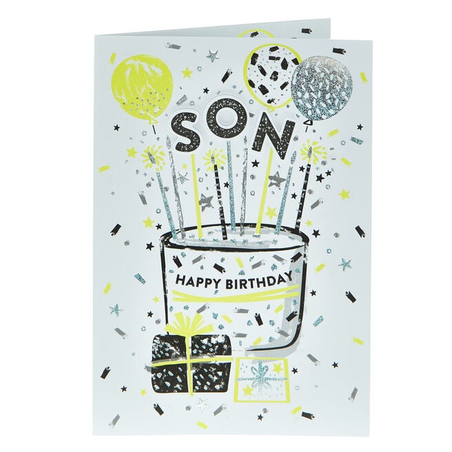 Son Neon Cake & Balloons Birthday Card