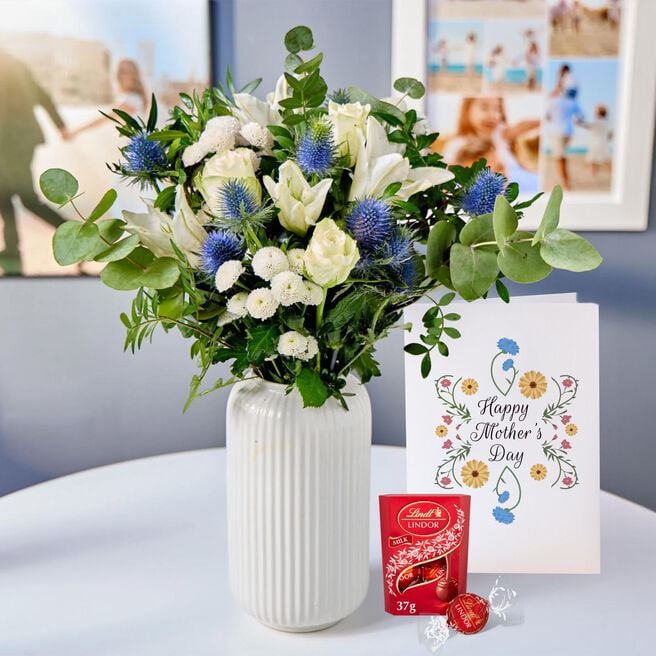 Blossoming Gifts Blue Serenity, Lindor Truffles & Mother's Day Card - Free Delivery!