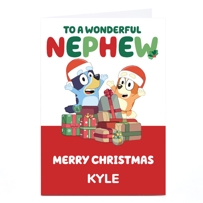 Personalised Bluey Christmas Card - Presents, Wonderful Nephew