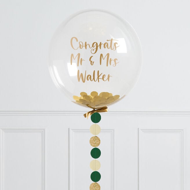 Personalised 20-Inch Gold & Emerald Confetti Bubblegum Balloon - DELIVERED INFLATED!