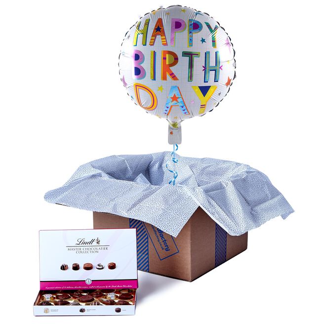 White Foil Happy Birthday Balloon & Lindt Chocolates - FREE GIFT CARD!