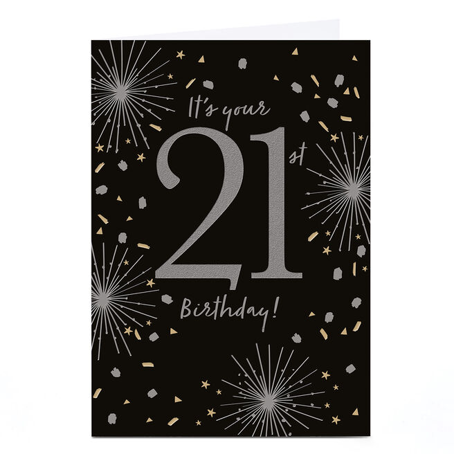 21st Birthday Card - Black and Silver Fireworks