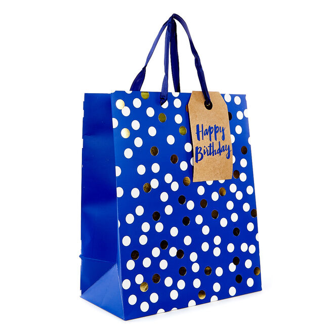 Large Portrait Gift Bag - Blue Spots, Happy Birthday, Large Portrait Gift Bag - Blue Spots, Happy Birthday