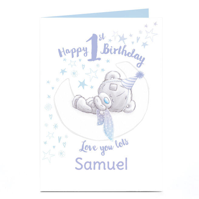 Personalised Tatty Teddy 1st Birthday Card - Blue Bear Sleeping on the Moon