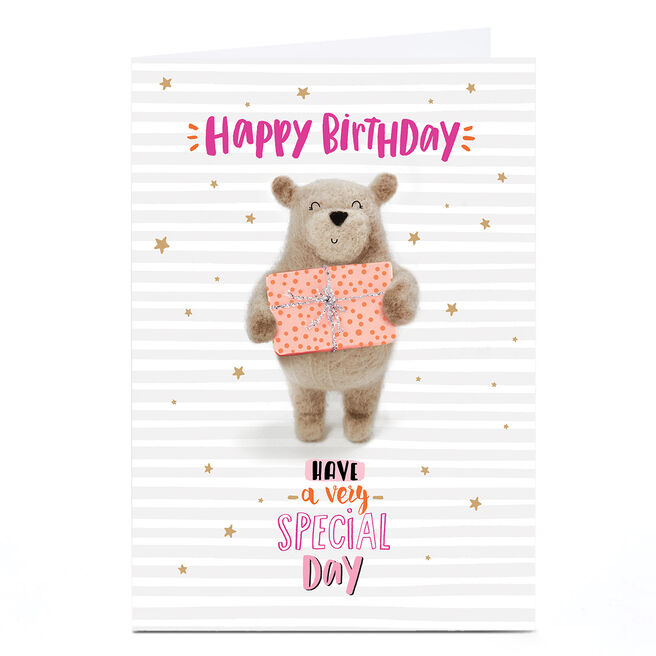 Birthday Card - Fuzzy Smiling Bear with Present