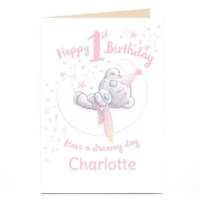Personalised Tatty Teddy 1st Birthday Card - Pink Bear Sleeping on the Moon
