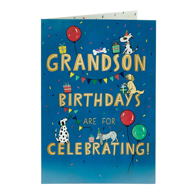 Grandson Celebrating Party Dogs Birthday Card