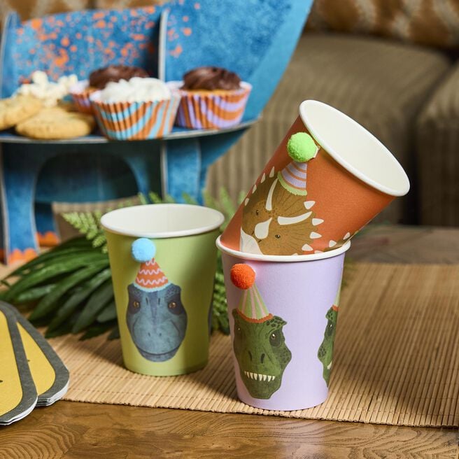 Party Dinosaur Pom Pom Paper Cups - Pack of 6