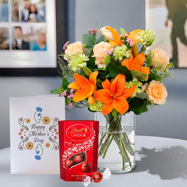 Blossoming Gifts Coral Charm, Lindor Truffles & Mother's Day Card - Free Delivery!