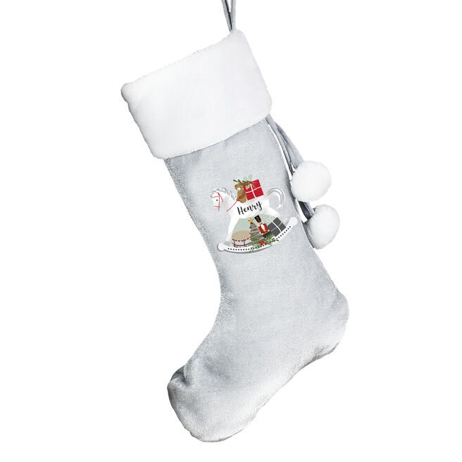 Personalised Rocking Horse Luxury Silver Christmas Stocking